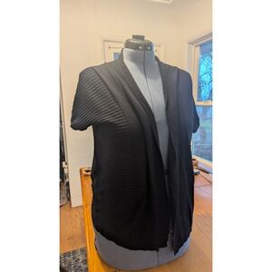 Liz Claiborne Black Ribbed Knit Short Sleeve Open Front Cardigan Sweater Women